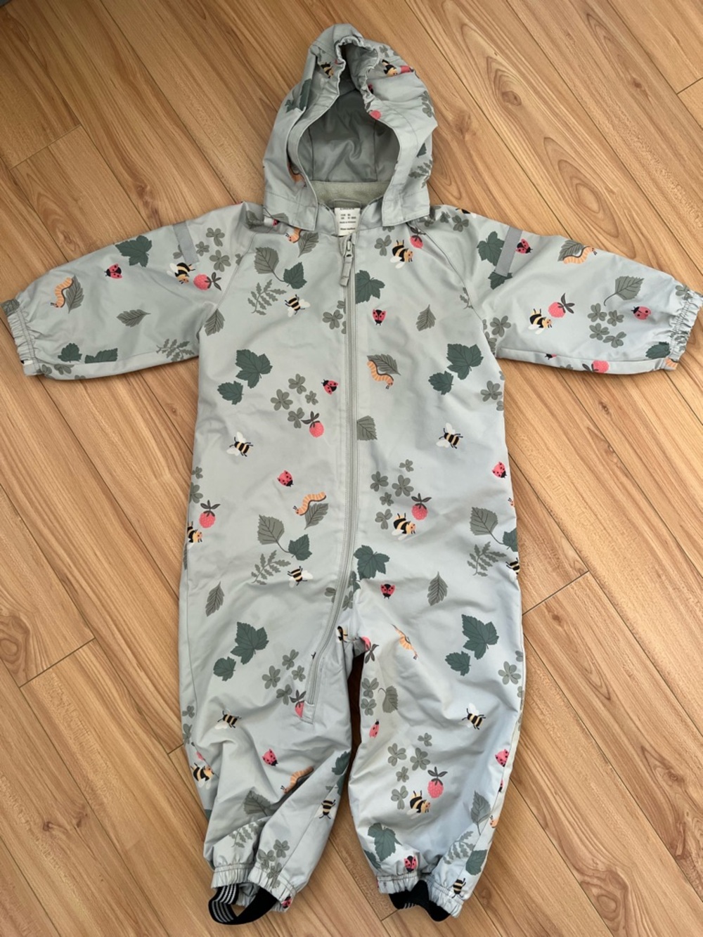 Light Sage Green Baby One-Piece Rain Suit with Bug & Leaf Print